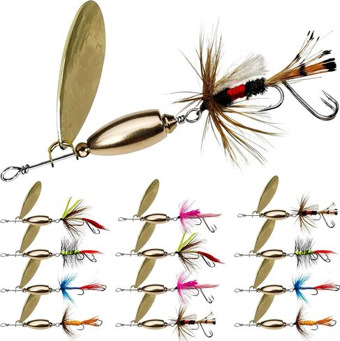 Trout Spinner Baits Fishing Lures, Hand-Tied, Brass Parts | Hottest Spinner-Fly Combo, Dual Sharp Hook, Flash Vibration, Deadly Attraction, Storage Box Include, Fishing Gift for men in Kuwait