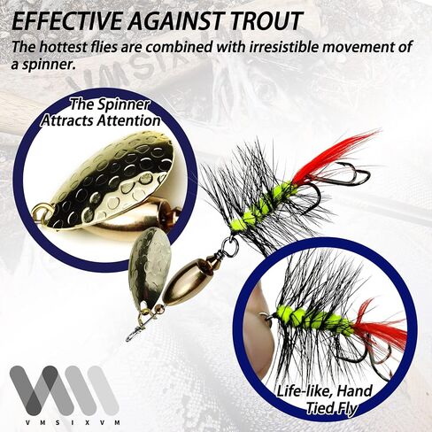Trout Spinner Baits Fishing Lures, Hand-Tied, Brass Parts | Hottest Spinner-Fly Combo, Dual Sharp Hook, Flash Vibration, Deadly Attraction, Storage Box Include, Fishing Gift for men in Kuwait