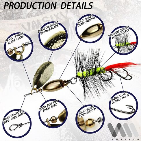 Trout Spinner Baits Fishing Lures, Hand-Tied, Brass Parts | Hottest Spinner-Fly Combo, Dual Sharp Hook, Flash Vibration, Deadly Attraction, Storage Box Include, Fishing Gift for men in Kuwait