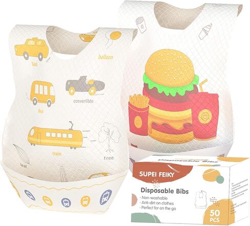 SUPEI FEIKY 50 PCS Disposable Bibs, Baby Bibs for Girls and Boys, Travel Bibs with Individual Package, Large Pocket, Waterproof and Adjustable in Kuwait