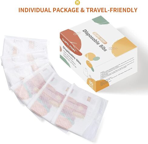 SUPEI FEIKY 50 PCS Disposable Bibs, Baby Bibs for Girls and Boys, Travel Bibs with Individual Package, Large Pocket, Waterproof and Adjustable in Kuwait