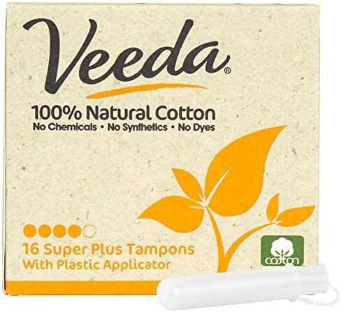 Veeda 100% Natural Cotton Super Plus Tampons with Compact Applicator, Chlorine and BPA Free, Unscented, 16 Count in Kuwait