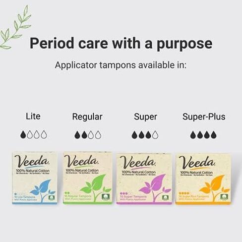 Veeda 100% Natural Cotton Super Plus Tampons with Compact Applicator, Chlorine and BPA Free, Unscented, 16 Count in Kuwait