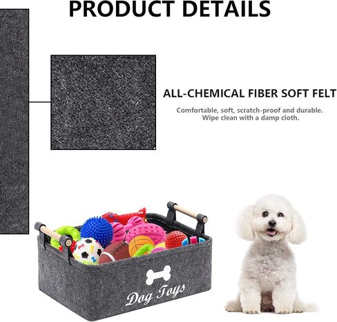 Geyecete Dog Toys Storage Bins - with Wooden Handle,Decorative Basket Rectangular Soft Felt Storage Bin Organizer Basket Pet Supplies Storage Basket/Bin Kids Toy Chest Storage Trunk(Dog-Grey) in Saudi Arabia