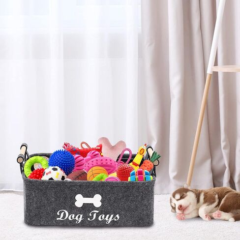 Geyecete Dog Toys Storage Bins - with Wooden Handle,Decorative Basket Rectangular Soft Felt Storage Bin Organizer Basket Pet Supplies Storage Basket/Bin Kids Toy Chest Storage Trunk(Dog-Grey) in Saudi Arabia