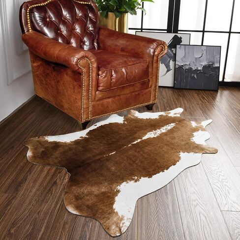 BENRON Premium Cowhide Rug 4.6x5.2ft Faux Cow Hide Rug Modern Animal Area Rug Stylish Calf Hide Rug Cow Print Rugs for Living Room Bedroom Western Decor Leather Carpets,Khaki Brown in Kuwait