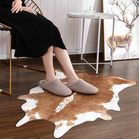 BENRON Premium Cowhide Rug 4.6x5.2ft Faux Cow Hide Rug Modern Animal Area Rug Stylish Calf Hide Rug Cow Print Rugs for Living Room Bedroom Western Decor Leather Carpets,Khaki Brown in Kuwait
