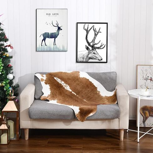 BENRON Premium Cowhide Rug 4.6x5.2ft Faux Cow Hide Rug Modern Animal Area Rug Stylish Calf Hide Rug Cow Print Rugs for Living Room Bedroom Western Decor Leather Carpets,Khaki Brown in Kuwait