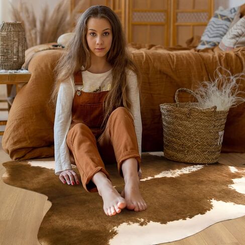 BENRON Premium Cowhide Rug 4.6x5.2ft Faux Cow Hide Rug Modern Animal Area Rug Stylish Calf Hide Rug Cow Print Rugs for Living Room Bedroom Western Decor Leather Carpets,Khaki Brown in Kuwait