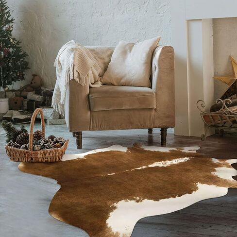 BENRON Premium Cowhide Rug 4.6x5.2ft Faux Cow Hide Rug Modern Animal Area Rug Stylish Calf Hide Rug Cow Print Rugs for Living Room Bedroom Western Decor Leather Carpets,Khaki Brown in Kuwait