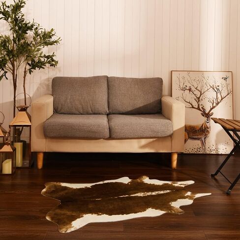 BENRON Premium Cowhide Rug 4.6x5.2ft Faux Cow Hide Rug Modern Animal Area Rug Stylish Calf Hide Rug Cow Print Rugs for Living Room Bedroom Western Decor Leather Carpets,Khaki Brown in Kuwait