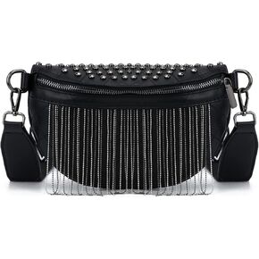 TOPALL Fanny Pack Crossbody Bags for Women, Upgrade Sling Bag Leather Belt Bag Fashion Waist Packs Chest Bag Studded Tassel Bum Bag for Travel, Walking, Running and Hiking (Gold)