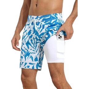 Nonwe Men's Swim Trunks with Compression Liner Quick Dry 7" Bathing Suits Tropical Board Shorts with Liner Pocket