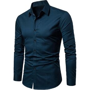 LOCALMODE Men's Slim Fit Cotton Business Shirt Solid Long Sleeve Button Down Dress Shirts in Kuwait