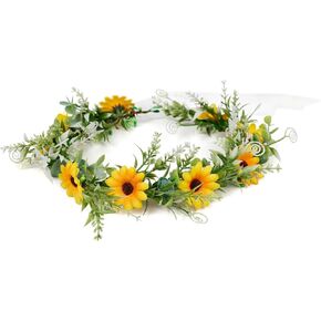 WOVOWOVO Sunflower Crowns for Girls Women, Bridal Daisy Flower Leaf Crown Bride Hair Accessories Floral Wreath Headband with Ribbon for Wedding Birthday Vacation Party Festival Photo Prop Multicolor