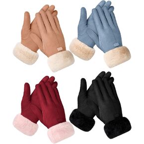 Janmercy 4 Pairs Thermal Winter Gloves for Women Cold Weather Touchscreen Soft Lining Suede Texting Gloves for Ladies Sports Driving (Pink, Camel, Gray, Black)
