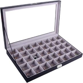 منظم عرض صندوق مجوهرات من الجلد مكون من 40 حجرة من AUTOARK، سطح زجاجي كبير، أسود، AJ-140 in Kuwait