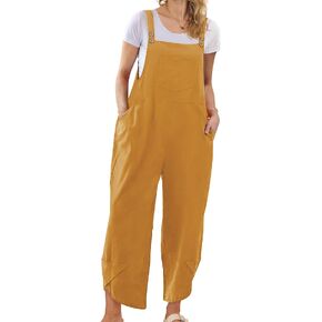 YESNO Women Cotton Overalls Casual Loose Adjustable Straps Bib Pants Tulip Wide Leg Jumpsuits with Pockets PZJ