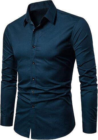 LOCALMODE Men's Slim Fit Cotton Business Shirt Solid Long Sleeve Button Down Dress Shirts in Kuwait
