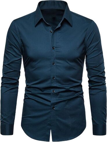 LOCALMODE Men's Slim Fit Cotton Business Shirt Solid Long Sleeve Button Down Dress Shirts in Kuwait