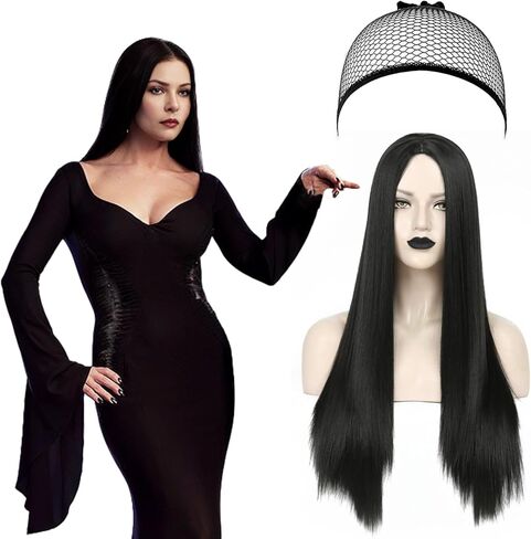 Neragron شعر مستعار طويل أسود مستقيم للنساء، 27 بوصة شعر مستعار مستقيم للجزء الأوسط من شعر مستعار لزي الهالوين، شعر مستعار أسود طويل طبيعي للاستخدام اليومي في حفلات الهالوين in Kuwait