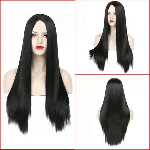 Neragron شعر مستعار طويل أسود مستقيم للنساء، 27 بوصة شعر مستعار مستقيم للجزء الأوسط من شعر مستعار لزي الهالوين، شعر مستعار أسود طويل طبيعي للاستخدام اليومي في حفلات الهالوين in Kuwait