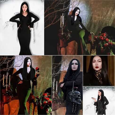 Neragron شعر مستعار طويل أسود مستقيم للنساء، 27 بوصة شعر مستعار مستقيم للجزء الأوسط من شعر مستعار لزي الهالوين، شعر مستعار أسود طويل طبيعي للاستخدام اليومي في حفلات الهالوين in Kuwait