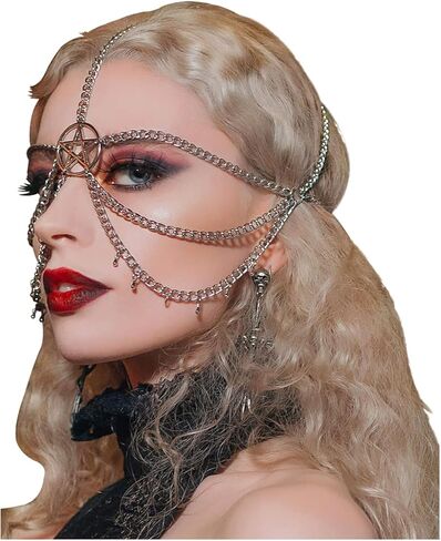 L'VOW أغطية الرأس شرابات معدنية الحجاب سايبورغ الوجه سلسلة قناع روك حفلة الهذيان الزي غطاء الرأس مجوهرات للنساء والرجال in Kuwait