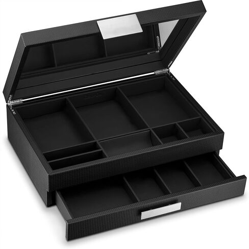 Glenor Co Mens Valet/Dresser Organizer - Luxury 12 Slot Jewelry Accessories Box, Carbon Fiber Design, Drawer Tray, Metal Buckle & Large Mirror for Men’s Watches, Sunglasses, Wallet - Pu Leather Black in Kuwait