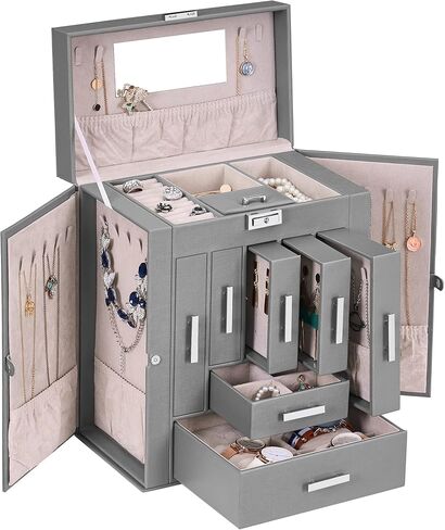 ANWBROAD Jewelry Organizer Boxes Large Jewelry Storage Box 11.02"x6.5"x13" Jewelry Boxes for Necklace Earing Watch Ring PU Leather Jewelry Holder Jewelry Box for Women UJJB019H in Kuwait