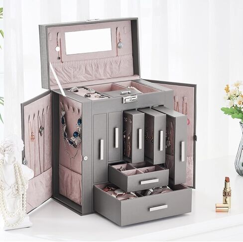 ANWBROAD Jewelry Organizer Boxes Large Jewelry Storage Box 11.02"x6.5"x13" Jewelry Boxes for Necklace Earing Watch Ring PU Leather Jewelry Holder Jewelry Box for Women UJJB019H in Kuwait