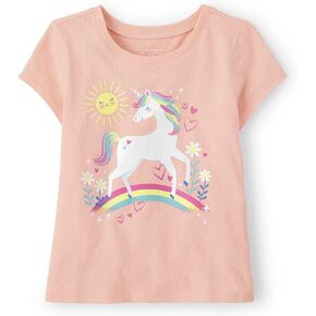 تي شيرت برسومات بأكمام قصيرة للفتيات الصغيرات من The Children's Place، للفتيات الصغيرات، Unicorn Glow، 5T
