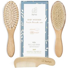 fephas Baby Hair Brush and Comb – 3pcs Wooden Baby Brush Set for Newborns – Hair Brush Set with Natural Soft Goat Bristles/Wooden Bristles and Comb – Lovely Baby Registry Items in Kuwait
