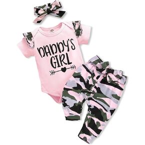 Kislio Newborn Baby Camouflage Outfit Daddys Girl Ruffle Romper Camo Pants Headband Set
