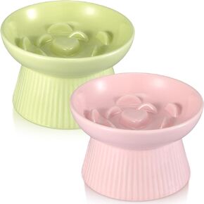 Layhit 2 Pack Raised Slow Feeder Cat Bowls Ceramic Elevated Cat Food Bowl Anti Vomiting Slow Feeder Bowl for Dog and Cat for Dry and Wet Food Kitten Home (Green, Pink)