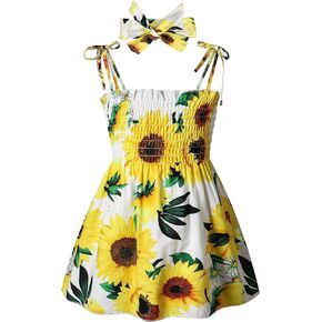 Easisim Toddler Baby Girls Dress Casual Sleeveless Sunflower Princess Sundress Summer Clothes Outfits with Headband
