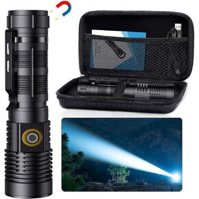 Small Tactical Flashlights 20000 High Lumens - 1500 Meters Long Beam Super Bright LED Magnetic Flashlight USB Rechargeable Zoomable 5Modes Long Beam Spotlight Flashlight for Hiking, Camping
