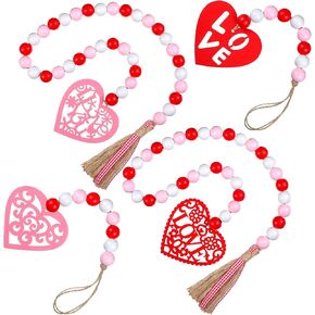 Tiered Tray Valentines Decor 4 Pieces Wood Bead Farmhouse Valentine Decor Heart Valentine's Day Wood Decor Rustic Valentine's Day Decor Valentine Beads Garland with Tassel Wood Bead Hanging Ornament in Kuwait