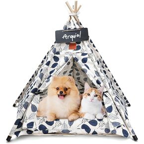 Arquiel Pet Teepee Tents, 24" Portable Dog Bed Cat Bed Cave with Thick Cushion, Washable Dog Cat houses Indoor (Blue Leaves) in Kuwait