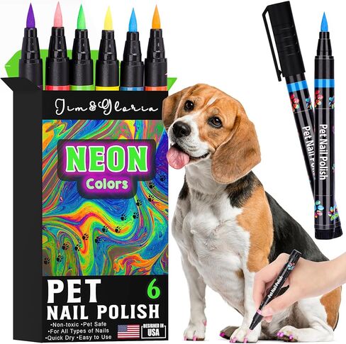 Jim&Gloria 6 NEON Colors Dog Nail Polish Pen Set, Dark or Light Nails Quick Dry Ideal Gifts for Girl Dog Accessories, Costume, Birthday Supplies, Pet Grooming Kit Big or Small Doggie in Kuwait