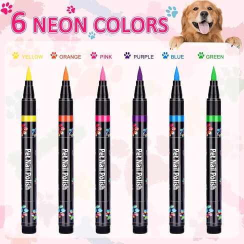 Jim&Gloria 6 NEON Colors Dog Nail Polish Pen Set, Dark or Light Nails Quick Dry Ideal Gifts for Girl Dog Accessories, Costume, Birthday Supplies, Pet Grooming Kit Big or Small Doggie in Kuwait