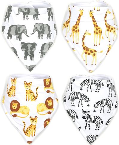 صدرية للأطفال من ستاديلا قابلة للتعديل لسيلان اللعاب ولحضانة التسنين، 4 قطع تصلح للجنسين في حفلات استقبال المولود، تصلح كهدية للبنات والأولاد - سفاري إفريقيا وحيوان الفيل والزرافة والوحش in Kuwait