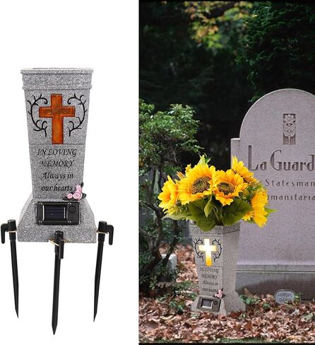 YLSMILE Cemetery Grave Vase with Solar Cross LED, Cemetery Decorations for Grave, Headstones Graves Vases for Fresh/Artificial Flowers, Memorial Gifts for Loss of Loved One in Kuwait