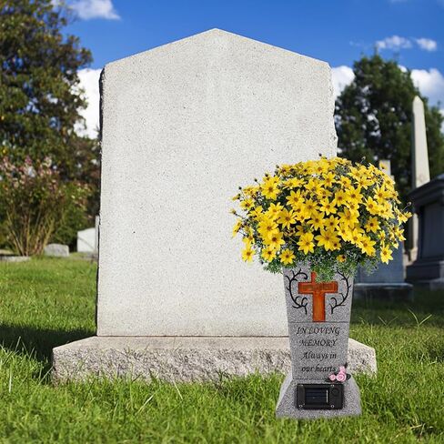 YLSMILE Cemetery Grave Vase with Solar Cross LED, Cemetery Decorations for Grave, Headstones Graves Vases for Fresh/Artificial Flowers, Memorial Gifts for Loss of Loved One in Kuwait
