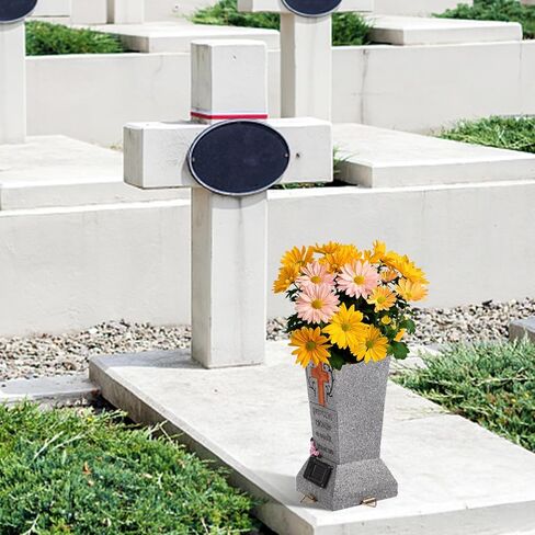 YLSMILE Cemetery Grave Vase with Solar Cross LED, Cemetery Decorations for Grave, Headstones Graves Vases for Fresh/Artificial Flowers, Memorial Gifts for Loss of Loved One in Kuwait