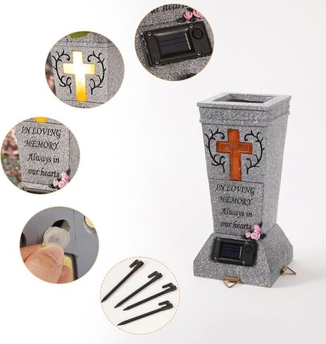 YLSMILE Cemetery Grave Vase with Solar Cross LED, Cemetery Decorations for Grave, Headstones Graves Vases for Fresh/Artificial Flowers, Memorial Gifts for Loss of Loved One in Kuwait