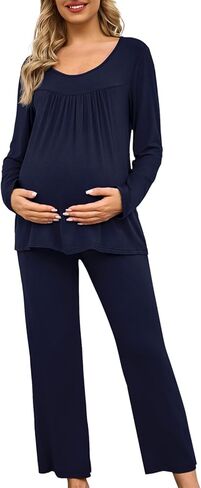 طقم بيجامات للحوامل للنساء من Xpenyo، ملابس نوم بأكمام طويلة وبنطلون مريح، طقم من قطعتين ملابس نوم in Kuwait