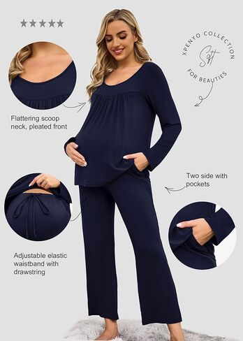 طقم بيجامات للحوامل للنساء من Xpenyo، ملابس نوم بأكمام طويلة وبنطلون مريح، طقم من قطعتين ملابس نوم in Kuwait