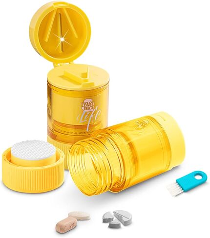 قطاعة حبوب منع الحمل المحمولة ومطحنة إينوك كسارة تقسيم الأقراص وحجيرات التخزين مع كوب للشرب، وتقسيم وسحق الحبوب والأقراص والفيتامينات والأدوية | لتلبية الاحتياجات الطبية للأطفال وكبار السن (أصفر) in Kuwait