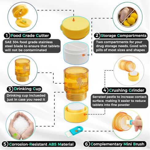 قطاعة حبوب منع الحمل المحمولة ومطحنة إينوك كسارة تقسيم الأقراص وحجيرات التخزين مع كوب للشرب، وتقسيم وسحق الحبوب والأقراص والفيتامينات والأدوية | لتلبية الاحتياجات الطبية للأطفال وكبار السن (أصفر) in Kuwait
